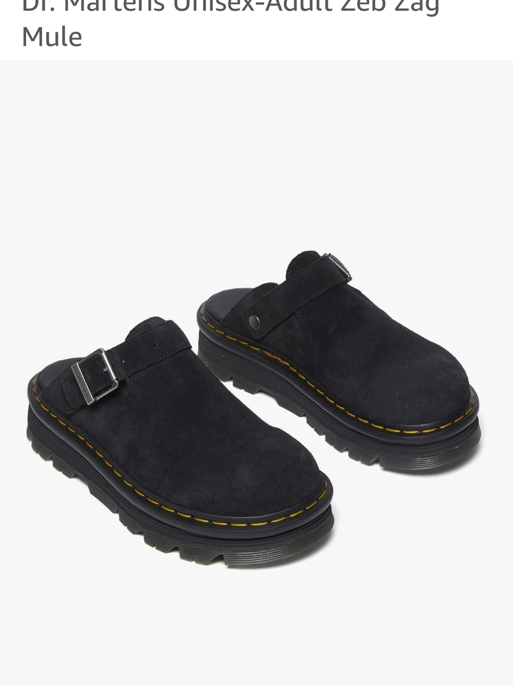 Dr. Martens Black Suede Mule with Yellow Welt Stitching